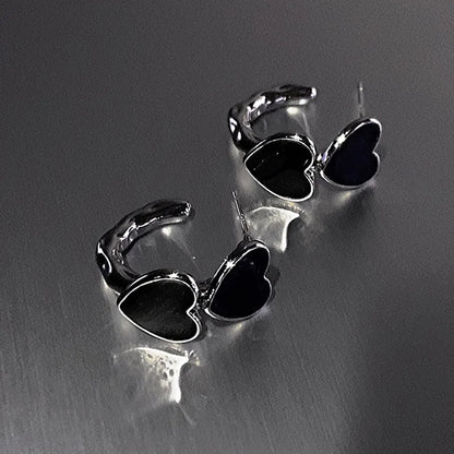 Vintage Goth Black Enamel Heart Stud Earrings | Dark Aesthetic Hollow Metal C-Shaped Jewelry
