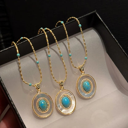 Natural Turquoise Oval Shell Pendant Necklace | Gold Chain Collarbone Jewelry