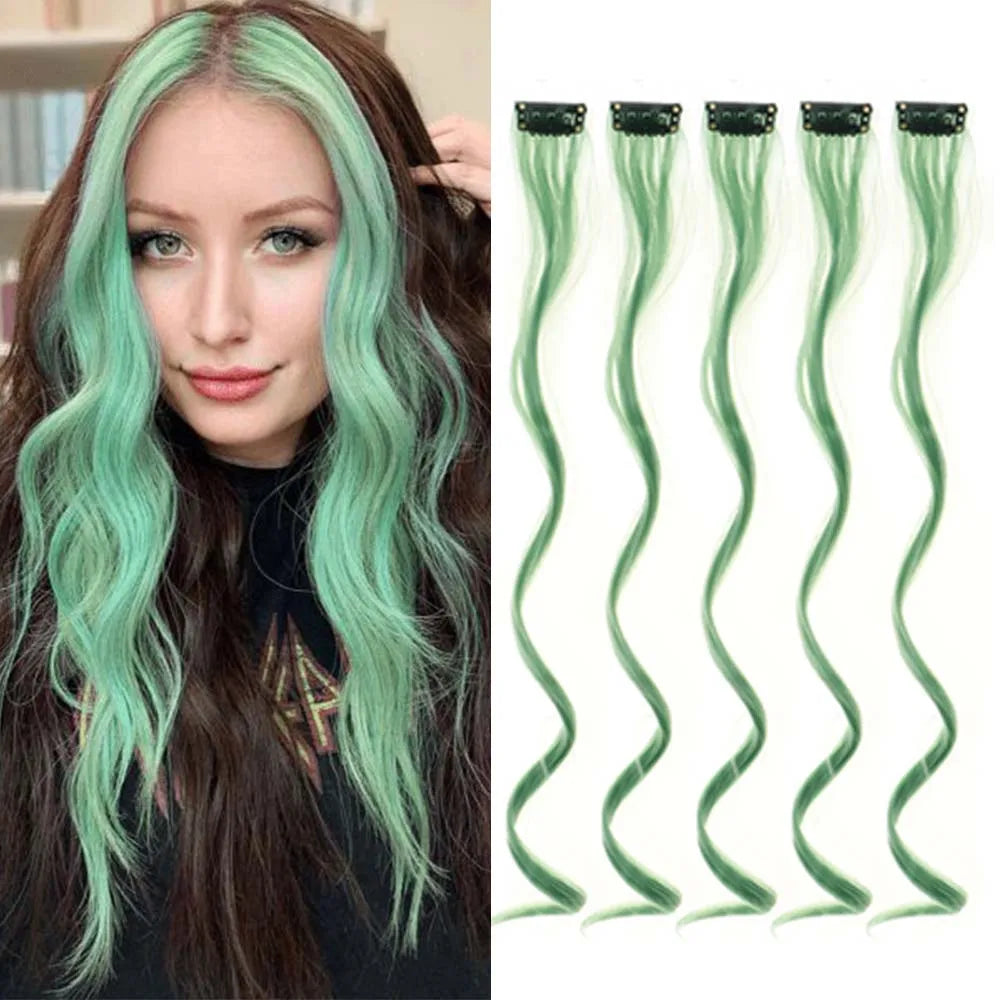 18 Inch Curly Clip In Hair Extensions Set | Colorful Highlight Synthetic Hairpieces