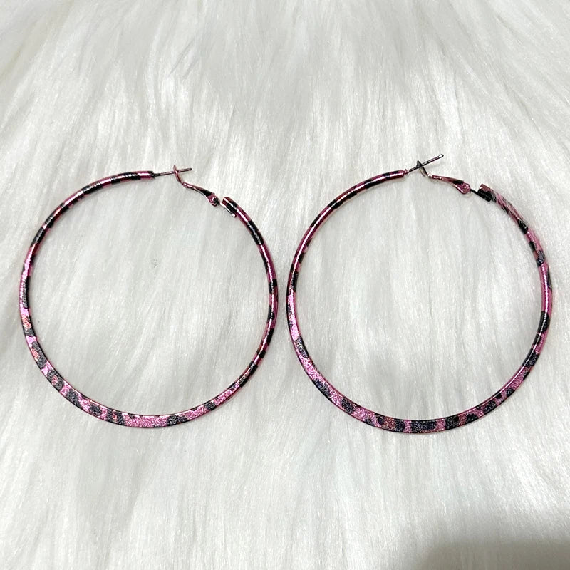 Pink Leopard Print Round Hoop Earrings | Y2K Vintage Punk Jewelry