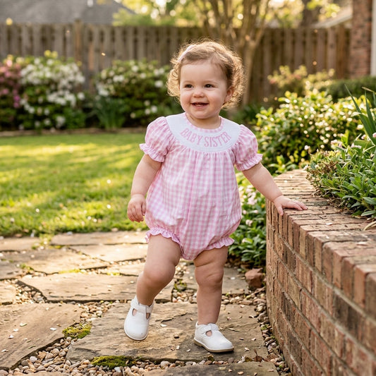 Short sleeves pink plaid baby sister smocked girls romper