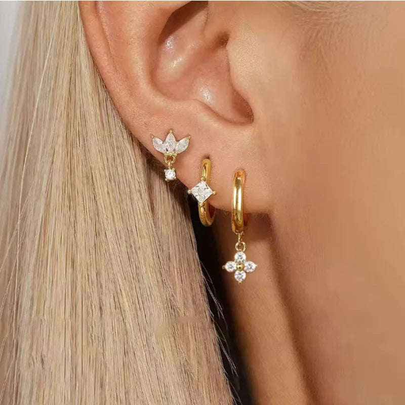3PCS Stainless Steel Crown Chain Tassel Earring Set | Drop Flower Stud for Women