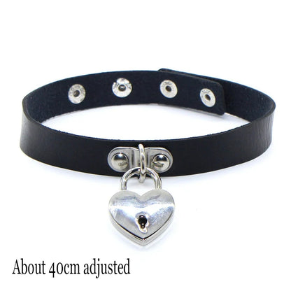 Gothic Bat Heart Lock Punk Choker | Black Leather Collar Necklace