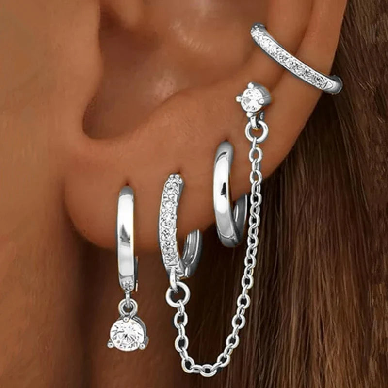 4PC Chain Huggie Earring Set | Flower Tragus Hoop Earrings for Women