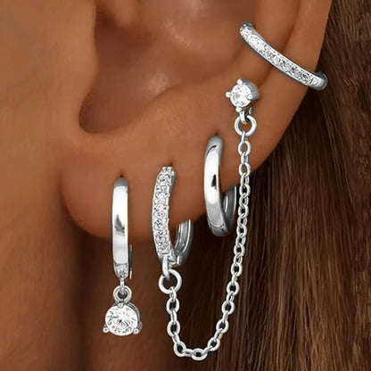 4PC Chain Huggie Earring Set | Flower Tragus Hoop Earrings for Women