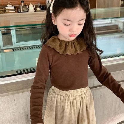 1-12 Years Girls Long Sleeve Lace T-Shirt – Spring Knitted Top with Ruffle Collar, Korean Style Children’s Shirt 2025