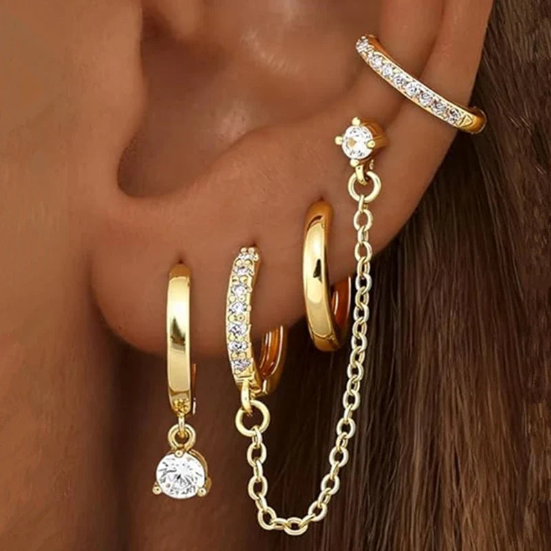 4PC Chain Huggie Earring Set | Flower Tragus Hoop Earrings for Women