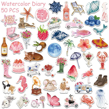 50/100pcs Cartoon Watercolor Dairy Stickers Decals For Phone Laptop Scrapbook Luggage Helmet DIY Graffiti Aesthetic Stickers
