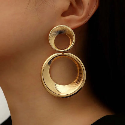 Vintage Metal Big Round Dangle Earrings | Gold Geometric Statement Jewelry