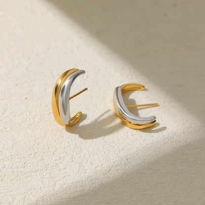 Gold Silver Irregular C-Shape Stud Earrings | Stainless Steel Bicolor Geometric Jewelry