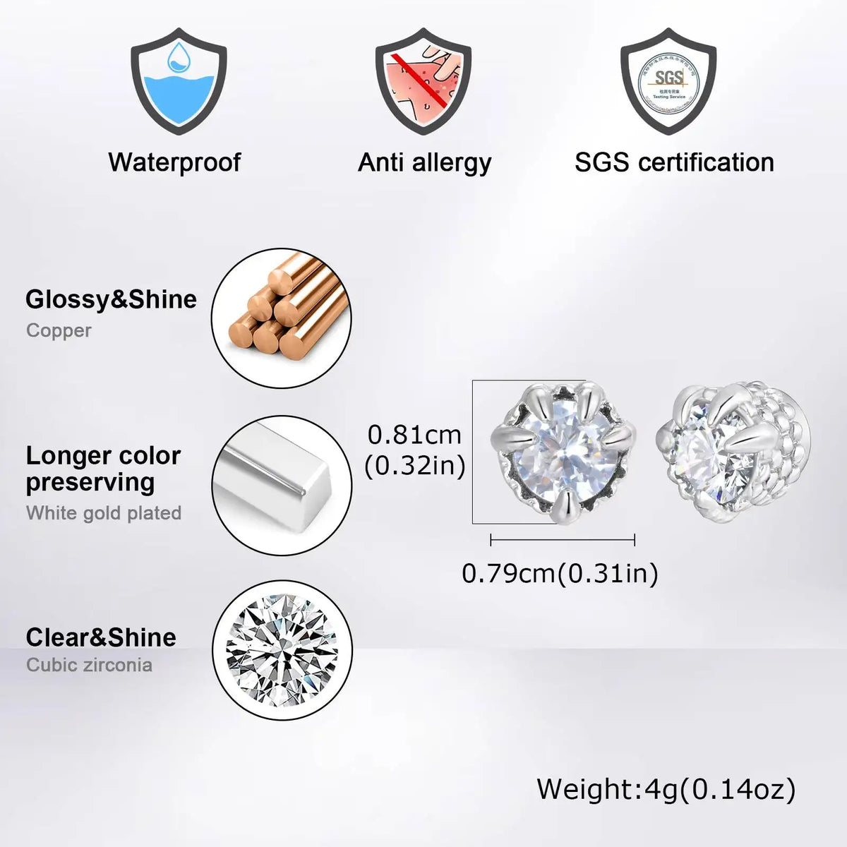 Vnox Magnetic Clip Earrings Non Piercing | Hip Hop Zircon Studs for Men Women Silver Party Gifts