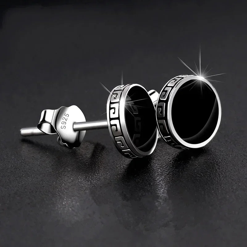 925 Silver Earrings Men Black Circle Single Simple Luxury Earring