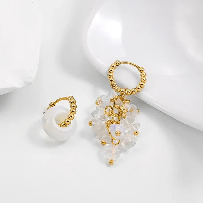 Trendy Asymmetry Pearl Drop Earrings | Stainless Steel Huggie Hoops for Women