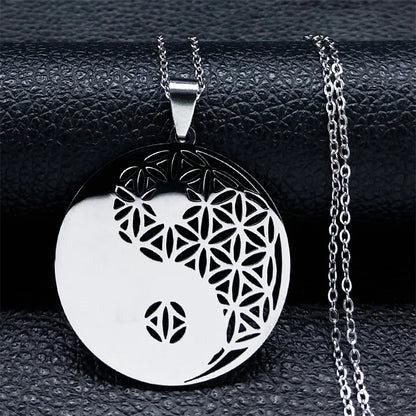 Sacred Geometry Flower of Life Necklace | Stainless Steel Mandala Pendant with Black Beads