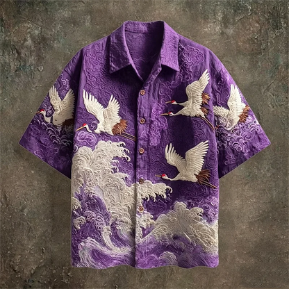 Embossed Flying Crane and Wave Printing Casual Short Sleeved Shirt