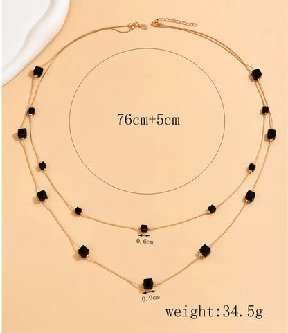 Gold Square Bead Sweater Chain Necklace | Double Layer Glass Pendant Jewelry for Women