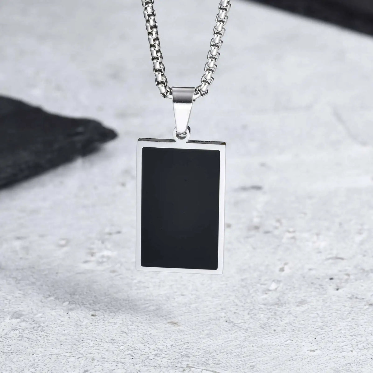 Men's Geometric Square Necklace | Black Enamel Rectangle Pendant with Rope Chain