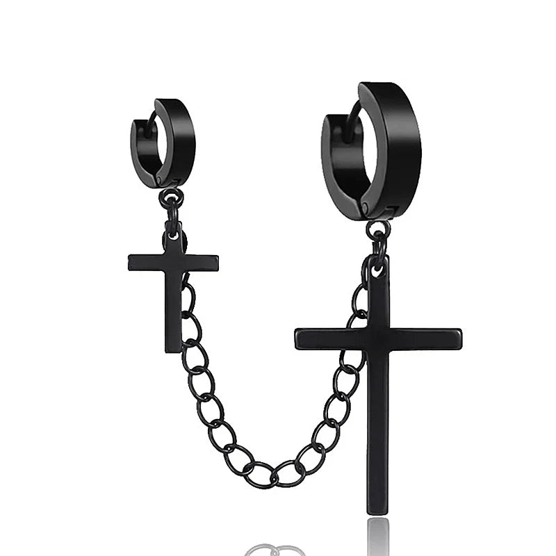 Cross Tassel Clip Earrings | Unisex Punk Hoop Earrings with Chain