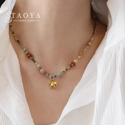 French Retro Natural Stone Pendant Necklace | Elegant Elephant Jewelry for Women