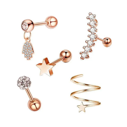 5PCS Heart Tragus Piercing Stud Earring Set | Small Lobe Stud Earrings Cartilage Piercing Helix Jewelry Barbell Stud Piercing Lot