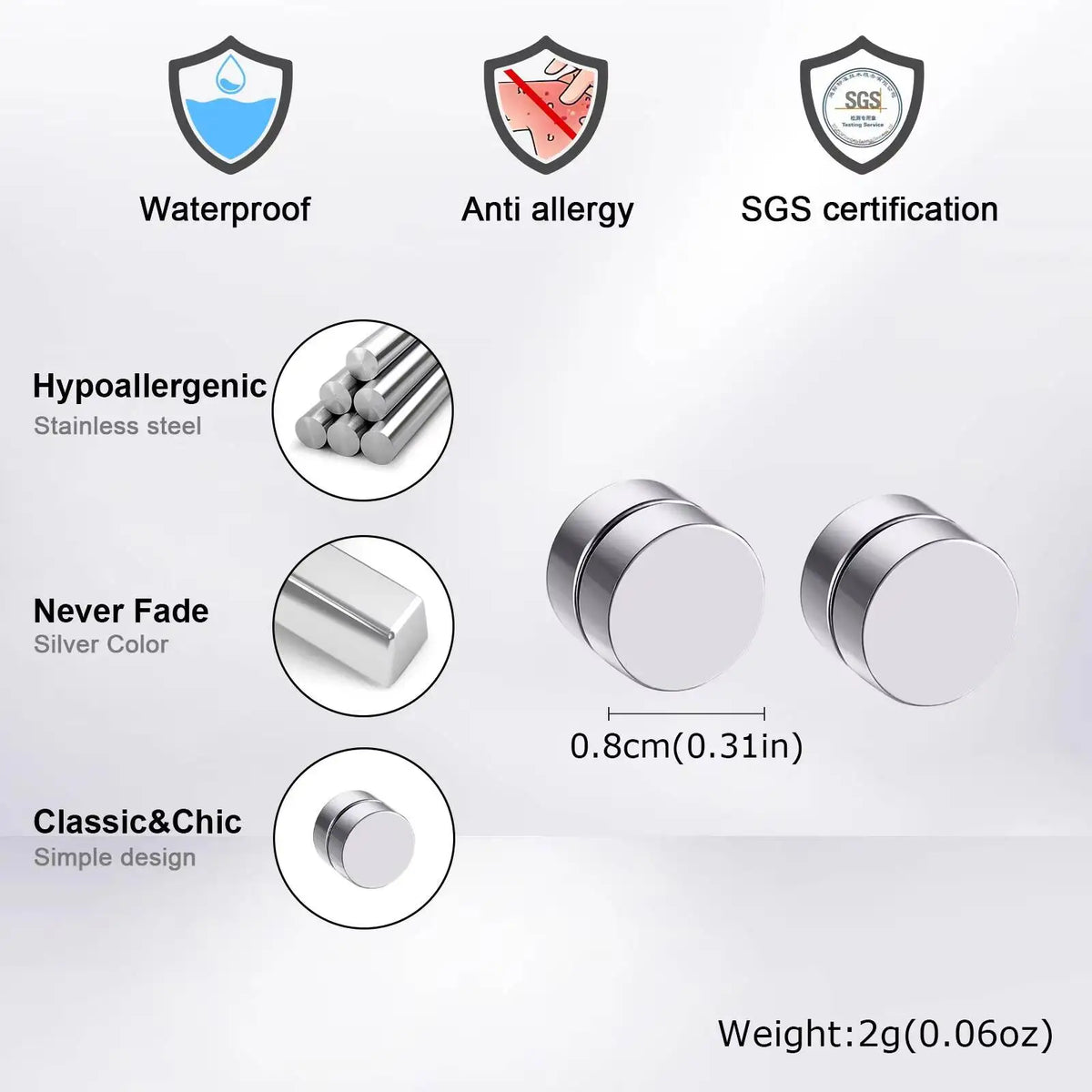 Vnox Magnetic Clip Earrings Non Piercing | Hip Hop Zircon Studs for Men Women Silver Party Gifts