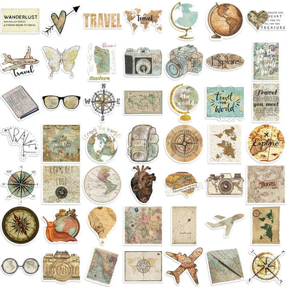 50 Pcs Travel Clock Map Graffiti Stickers | Waterproof Decals for Bike Laptop Pencil Case