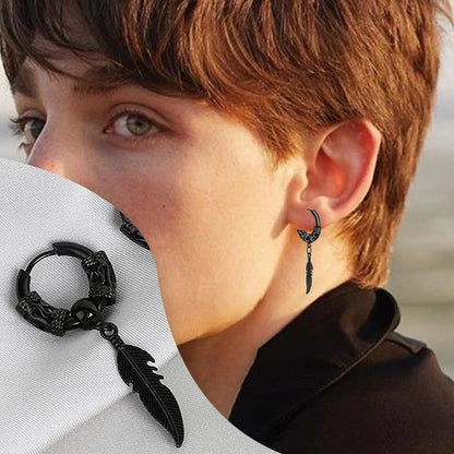 2Pcs Stainless Steel Feather Leaf Coil Earrings Set | Unisex Punk Hoop and Stud Jewelry