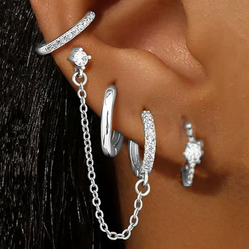 4PC Chain Huggie Earring Set | Flower Tragus Hoop Earrings for Women