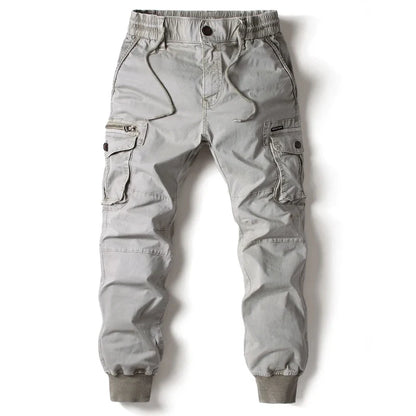 New Cotton Men’s Cargo Pants in Khaki, Black, Army, and Light Gray. Casual Tactical Joggers with Multi-Pockets for Fashion and Work Wear.