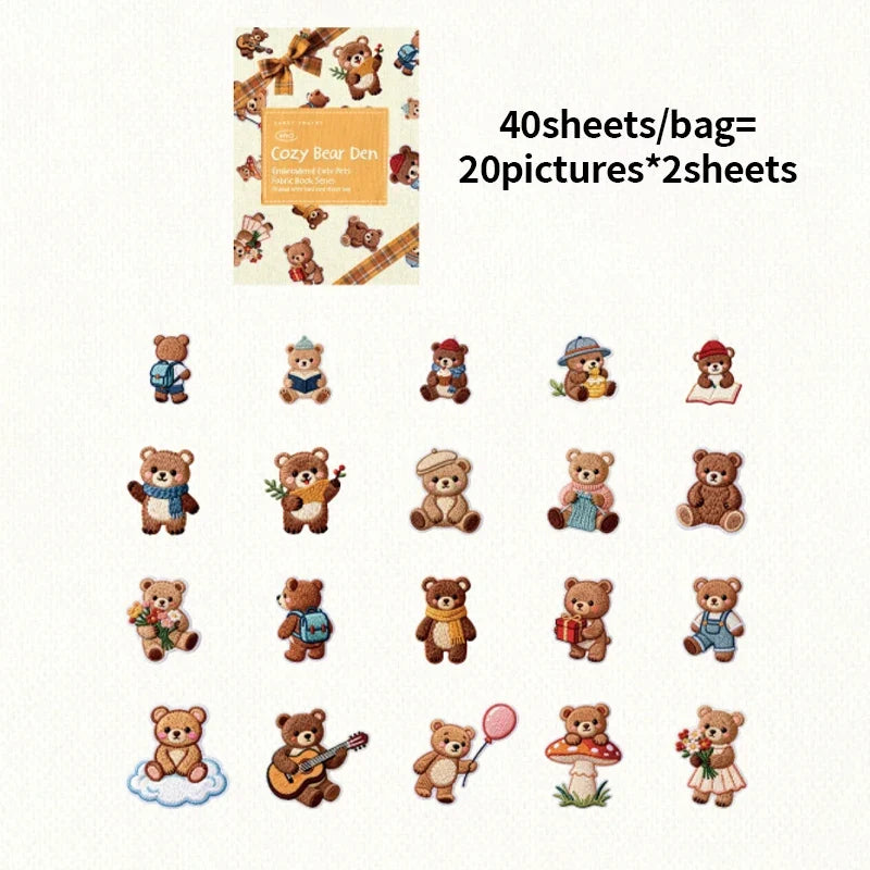 Kawaii Embroidered Fabric Pet Sticker Set | 40Pcs White Kraft Paper Journal Decor