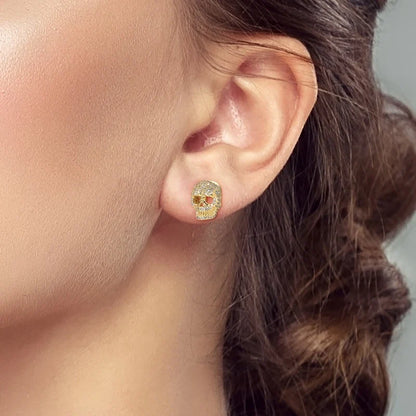 925 Sterling Silver Skull Stud Earrings | Shiny Gold Finish for Women