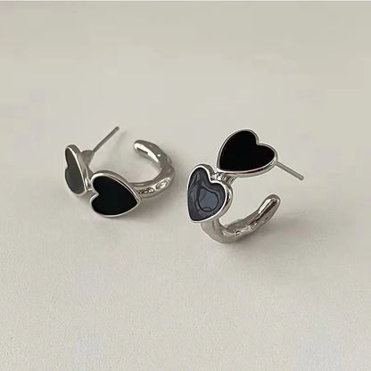 Vintage Goth Black Enamel Heart Stud Earrings | Dark Aesthetic Hollow Metal C-Shaped Jewelry