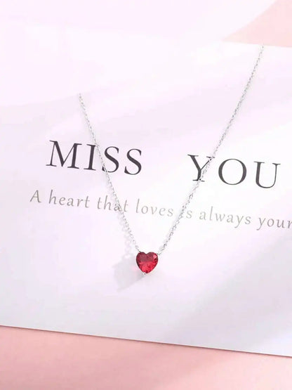 Silver Plated Red Zircon Heart Pendant Necklace | Women's Charm Jewelry