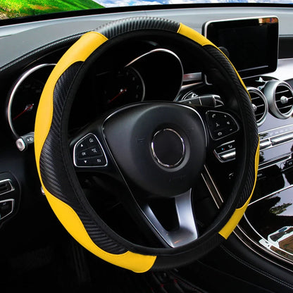 PU Carbon Fiber Leather Car Steering Wheel Cover | 14.5-15 Inch Grip Enhancer