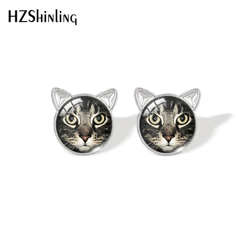 Lovely Cat Face Stud Earrings | Handmade Glass Dome Photo Printed Jewelry for Women