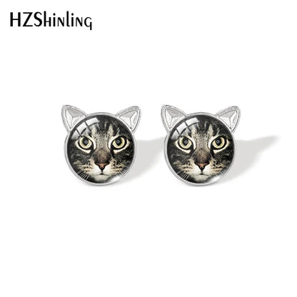 Lovely Cat Face Stud Earrings | Handmade Glass Dome Photo Printed Jewelry for Women