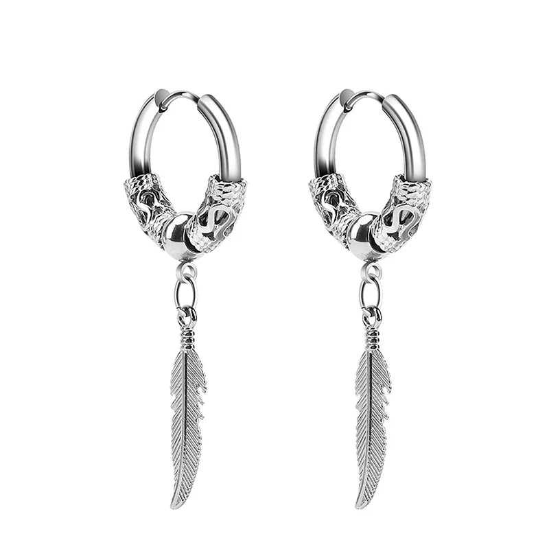 2pc Punk Cross Feather Stud Earrings | Unisex Stainless Steel Hoop Earrings