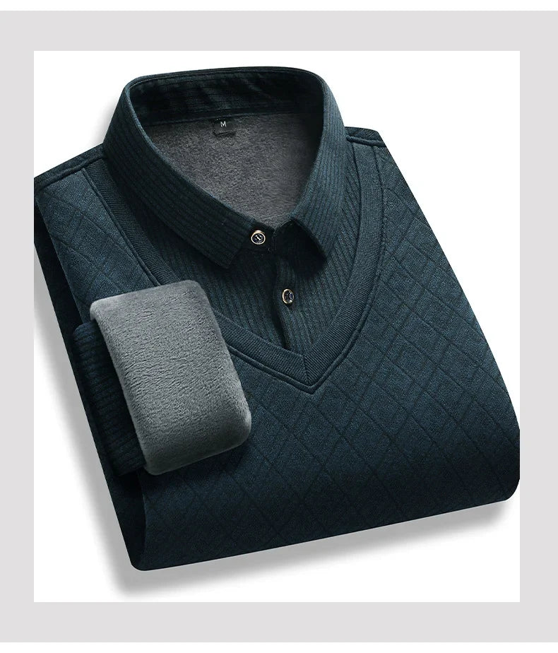 Retro Winter Pullovers Men Polo Neck Sweaters Fashion Striped Fleece Lined Polo Shirt Jumper Thick Knitting Sweaters