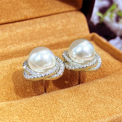 Huitan Sparkling Cubic Zirconia Imitation Pearl Stud Earrings | Silver Tone Fashion Jewelry for Women