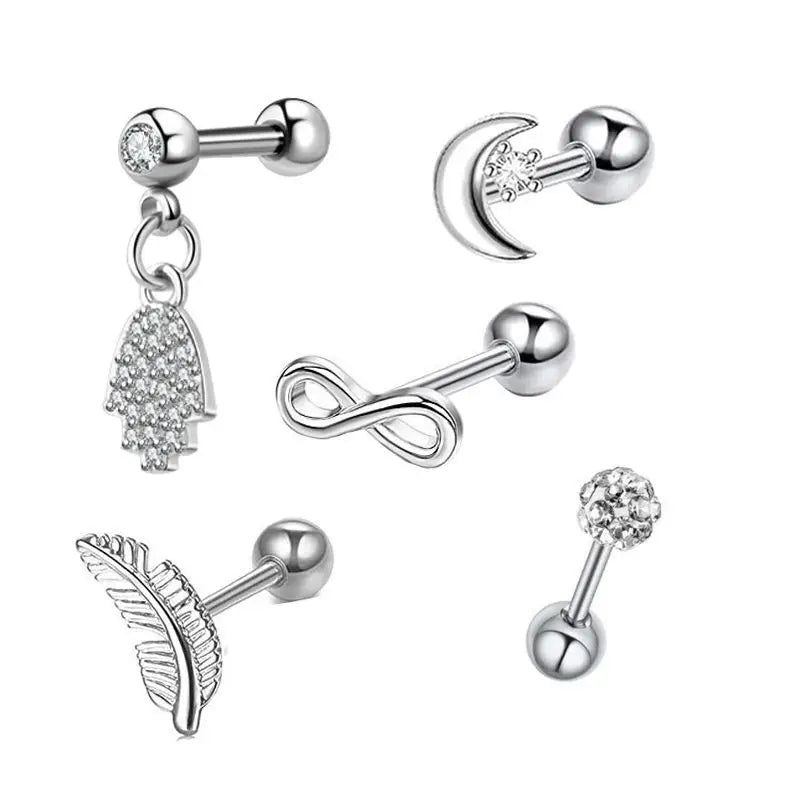 5PCS Heart Tragus Piercing Stud Earring Set | Small Lobe Stud Earrings Cartilage Piercing Helix Jewelry Barbell Stud Piercing Lot