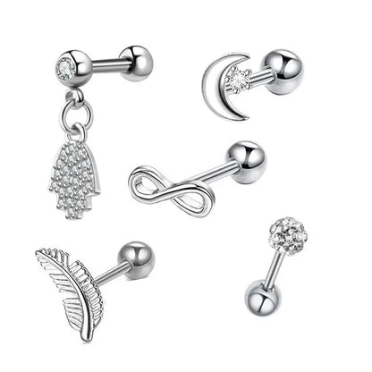 5PCS Heart Tragus Piercing Stud Earring Set | Small Lobe Stud Earrings Cartilage Piercing Helix Jewelry Barbell Stud Piercing Lot