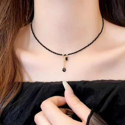 Black Crystal Bead Tassel Necklace | Trendy Collarbone Chain