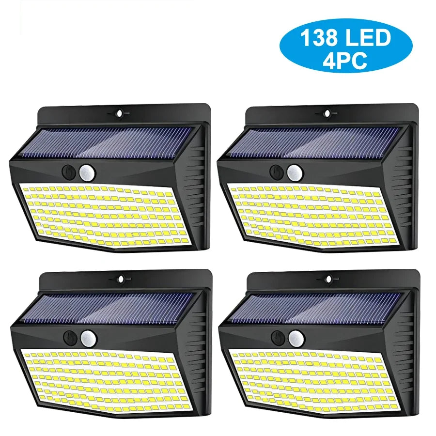 138 LED Solar Light Outdoor 4PCS Solar Wall Lamp Human Body Sensor 3 Mode Waterproof Garden Decor Street Lights Sunlight Powered