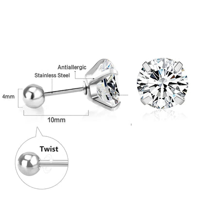 Surgical Steel Cubic Zirconia Stud Earrings | Unisex Screw-Back Earrings