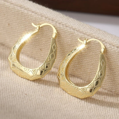 Vintage Oval Golden Hoop Earrings | Hand Carved Patterned Drop Earrings