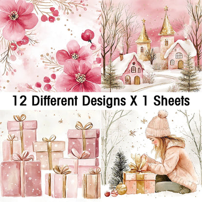 Pink Christmas Scrapbook Paper Pad | 12 Sheets Decorative Craft Papers
