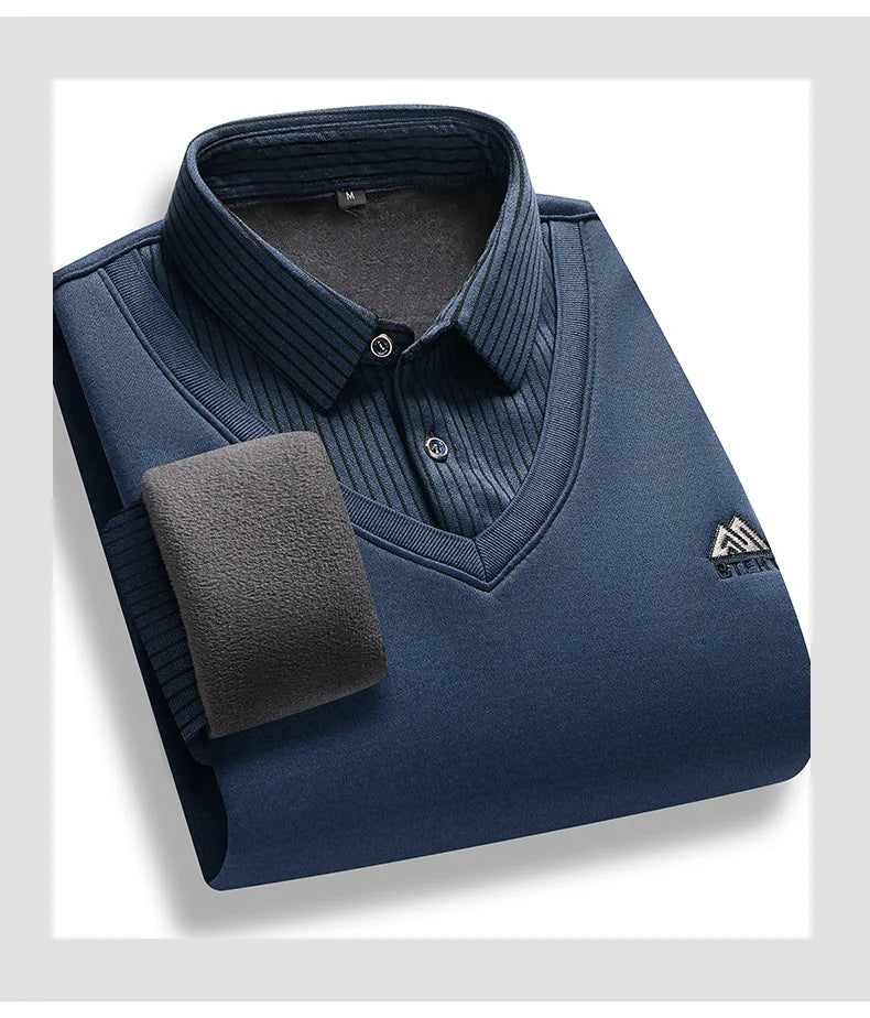Retro Winter Pullovers Men Polo Neck Sweaters Fashion Striped Fleece Lined Polo Shirt Jumper Thick Knitting Sweaters