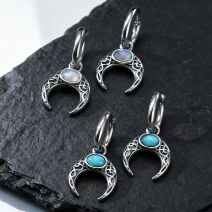 Vintage Moon Earrings for Men | Green Stone Stainless Steel Hoop Jewelry