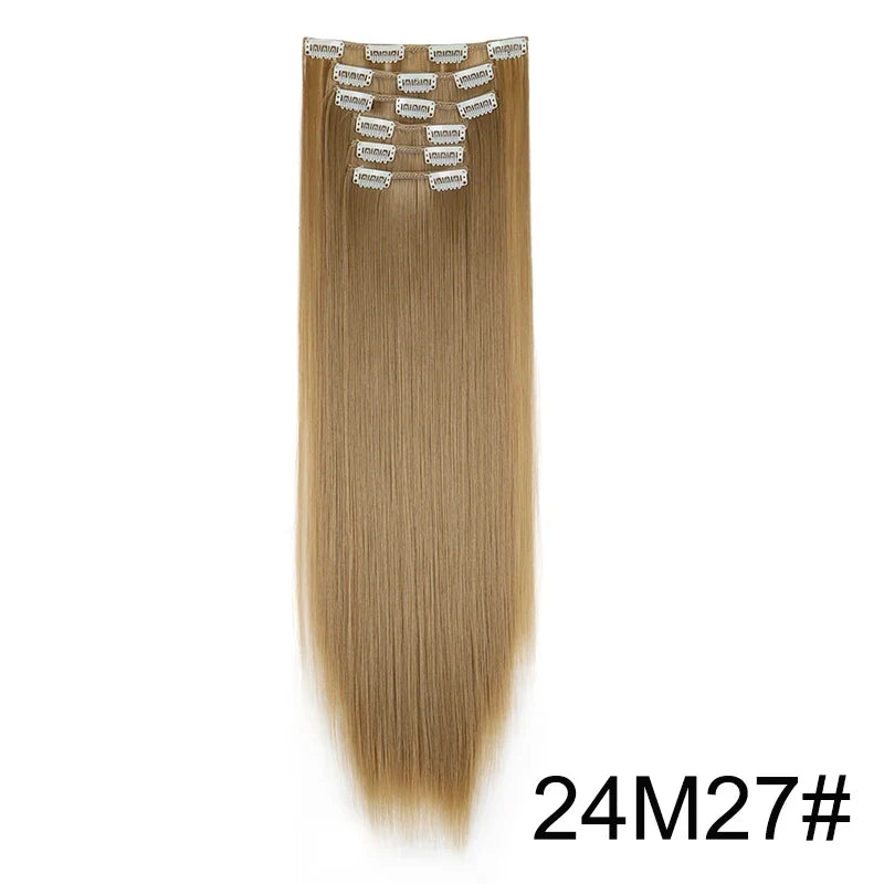 Synthetic 24 Inch Clip In Hair Extensions | Long Straight Blonde Black Heat Resistant Daily Use