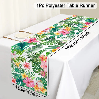 Tropical Hawaiian Party Tablecloth and Flamingo Decor Set | Plastic Table Runner and Candy Bags